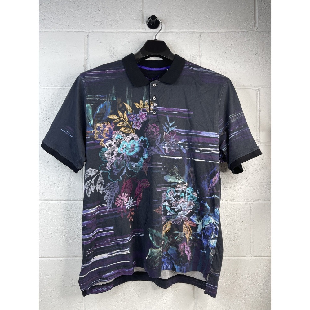 Robert Graham Florian Floral Print Polo Shirt Black Cotton Mens 2XL Classic Fit